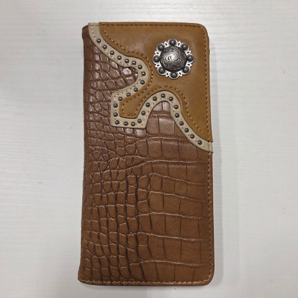 Montana West Men Western Brown Crocodile Embossed Long Wallet Studded Concho NEW